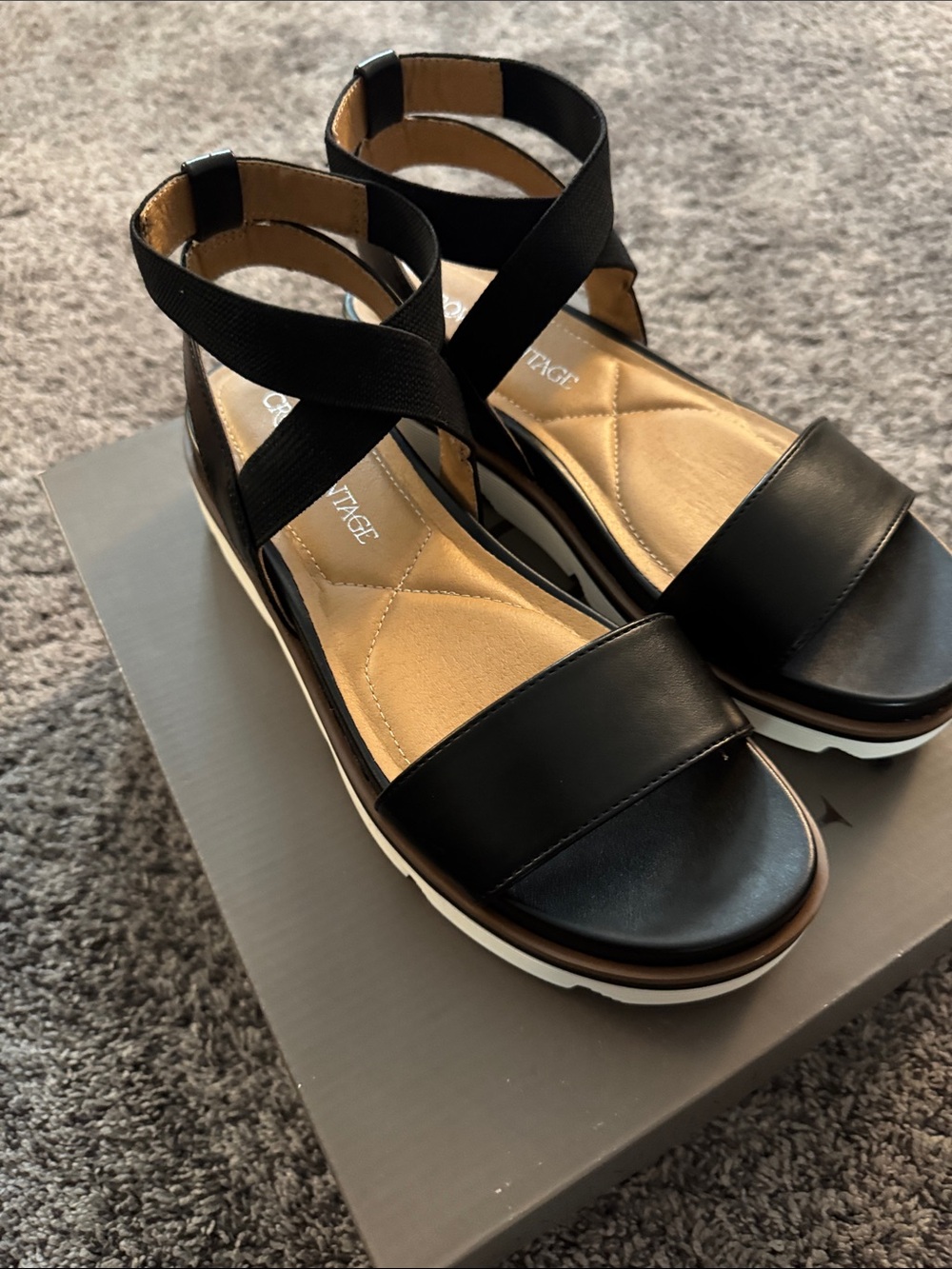 Crown Vintage Black Platform Sandals with Cross Ankle Straps